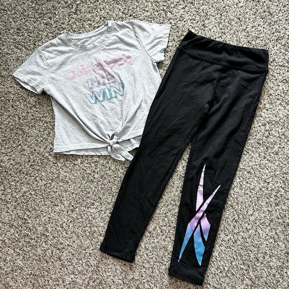 Reebok Shirt and Leggings 2 Piece Set Girls Sz 7 Gray Black Pink Blue - Picture 1 of 13